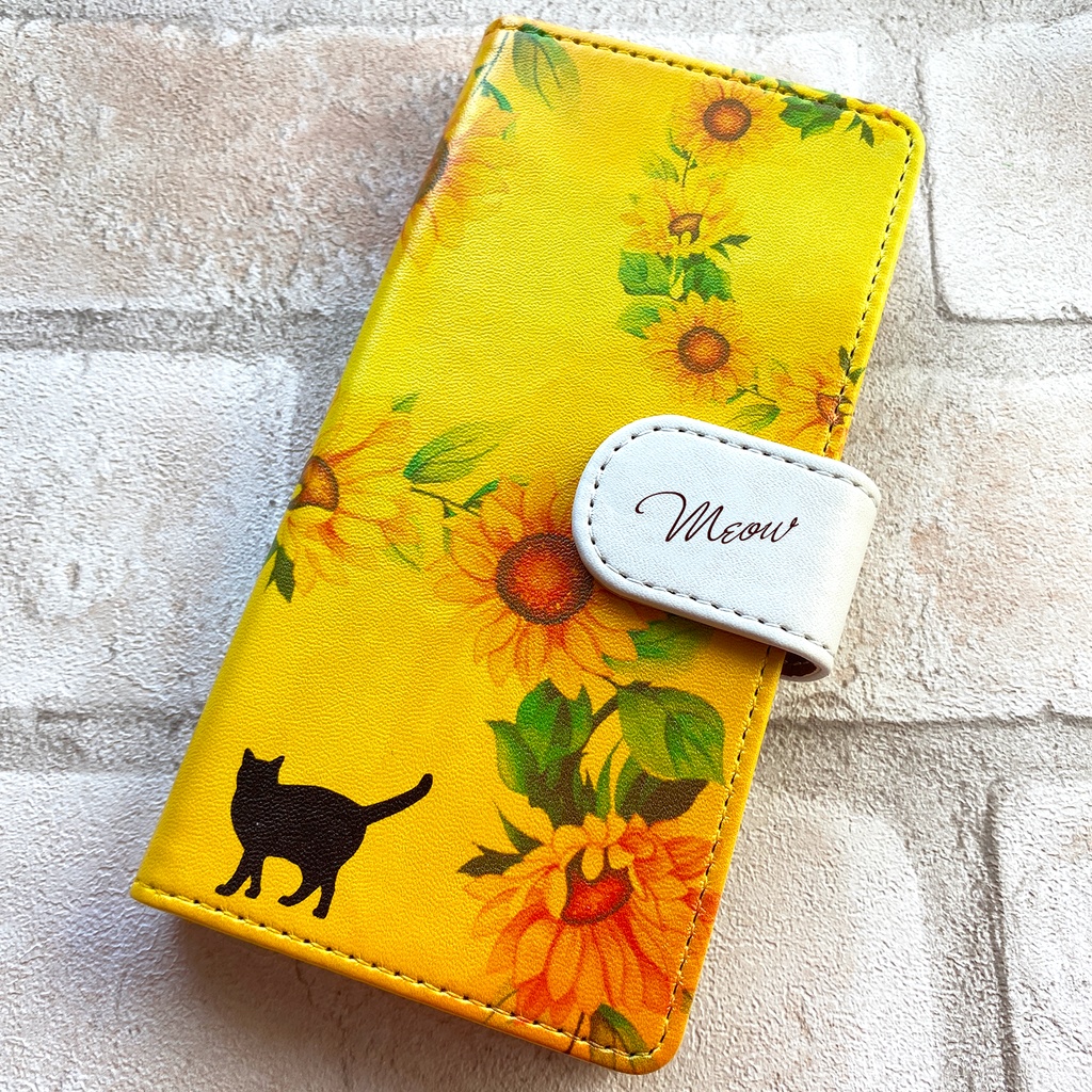 猫とひまわりの手帳型スマホケース 全機種対応 手帳型 スマホケース iPhone17 Air iphone15 iphone16e iphone14 猫 黒猫 夏 ひまわり 花