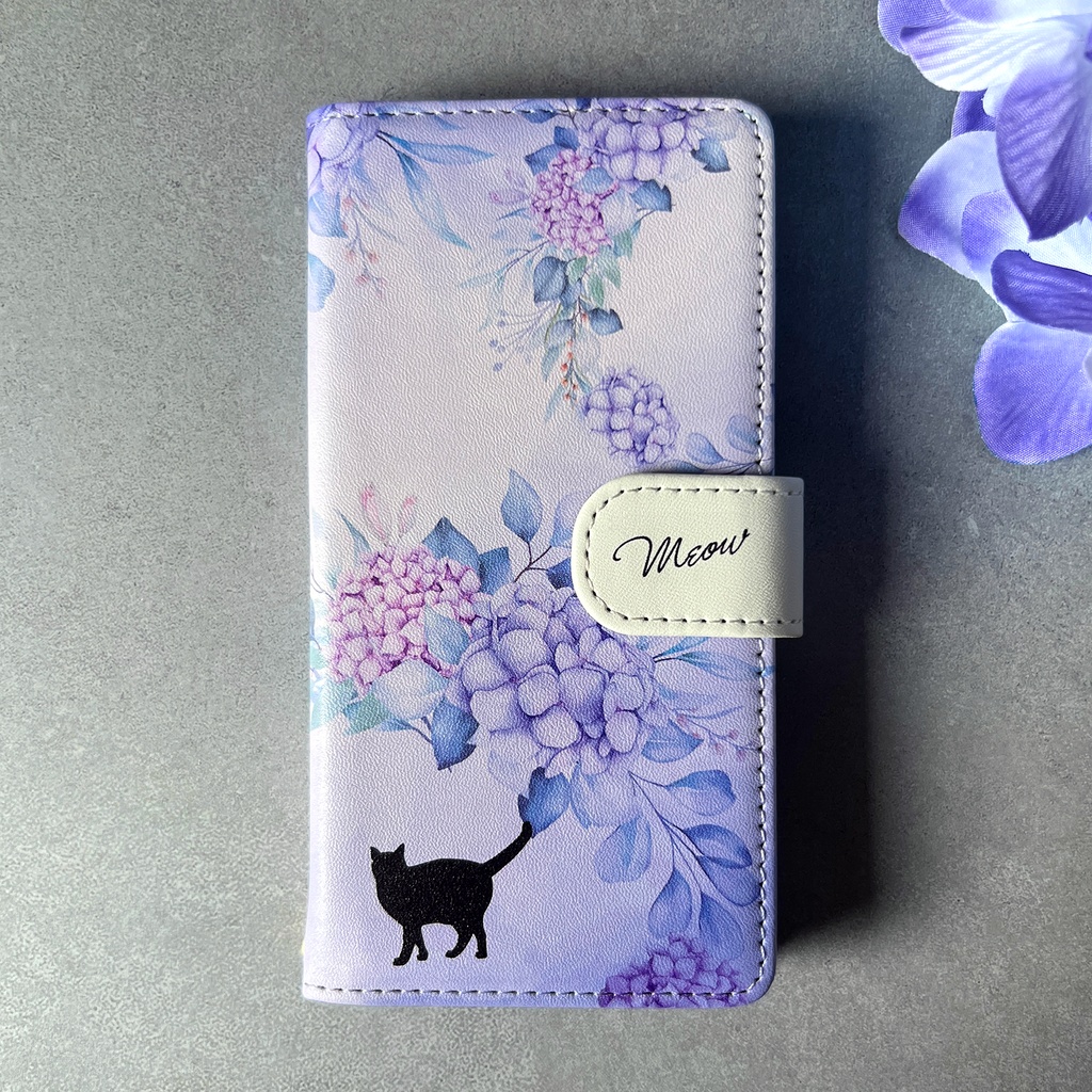 猫とアジサイの手帳型スマホケース 全機種対応 手帳型 スマホケース iPhone17e Air iphone16e iphone15 猫 黒猫 アジサイ 梅雨