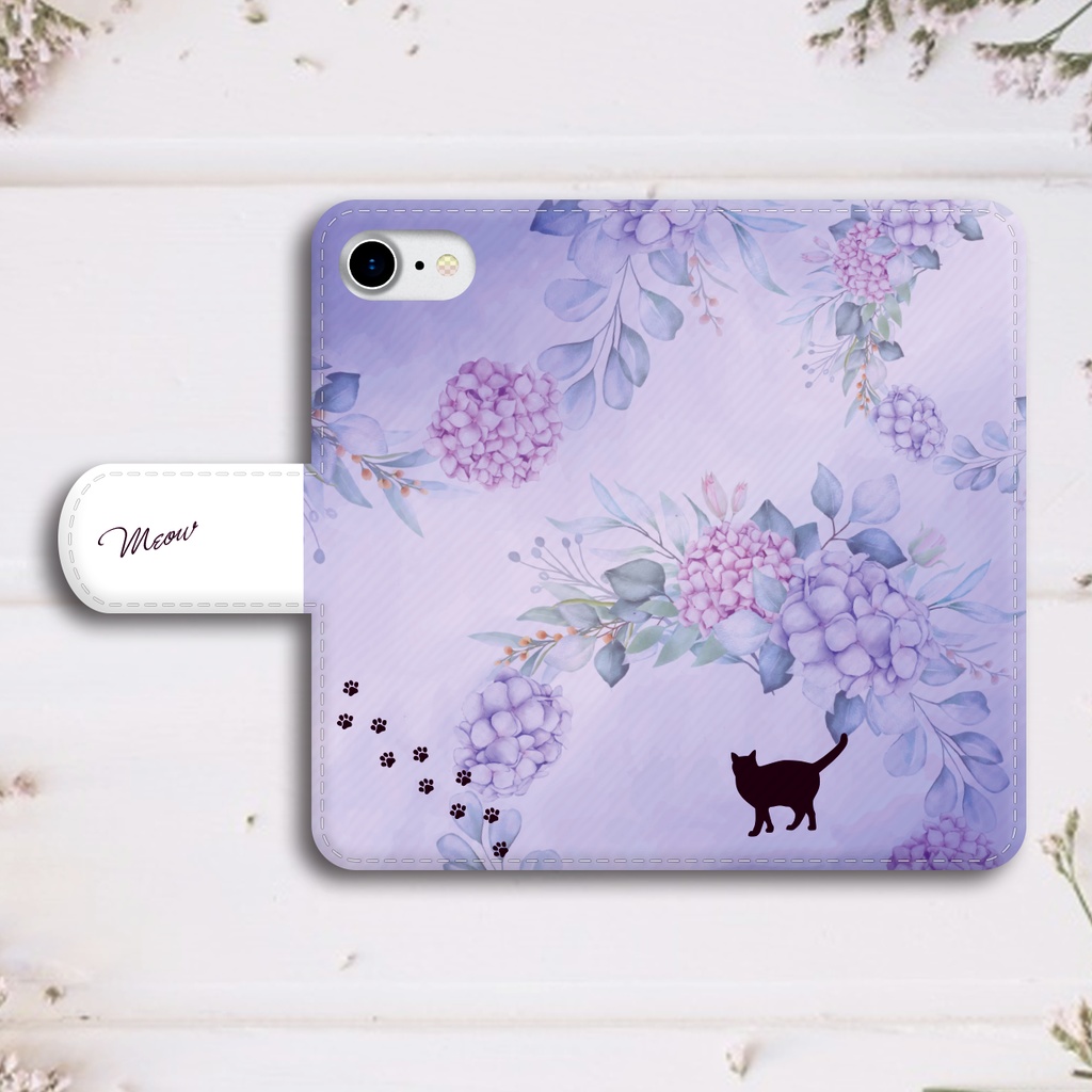 猫とアジサイの手帳型スマホケース 全機種対応 手帳型 スマホケース iPhone17 Air iphone16e iphone15 猫 黒猫 アジサイ 梅雨