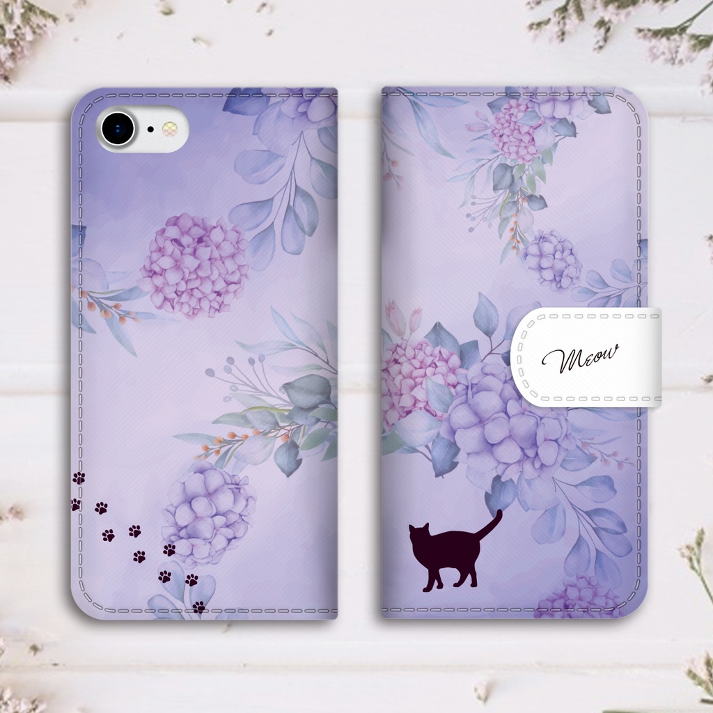 猫とアジサイの手帳型スマホケース 全機種対応 手帳型 スマホケース iPhone17 Air iphone16e iphone15 猫 黒猫 アジサイ 梅雨