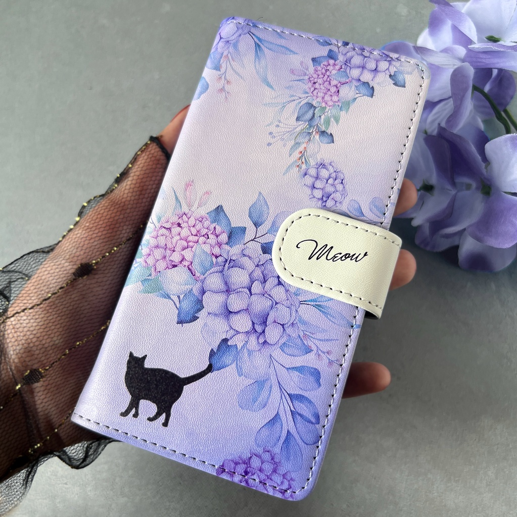 猫とアジサイの手帳型スマホケース 全機種対応 手帳型 スマホケース iPhone17e Air iphone16e iphone15 猫 黒猫 アジサイ 梅雨