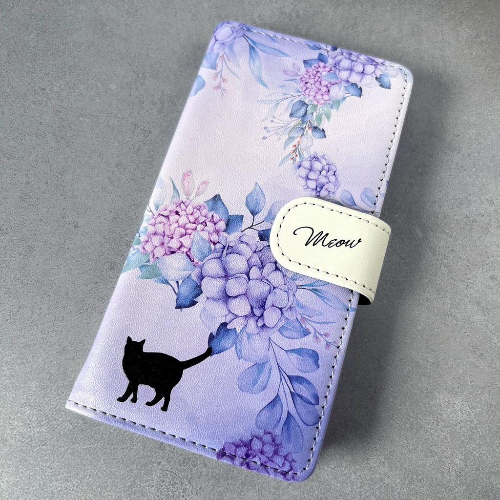 猫とアジサイの手帳型スマホケース 全機種対応 手帳型 スマホケース iPhone17e Air iphone16e iphone15 猫 黒猫 アジサイ 梅雨