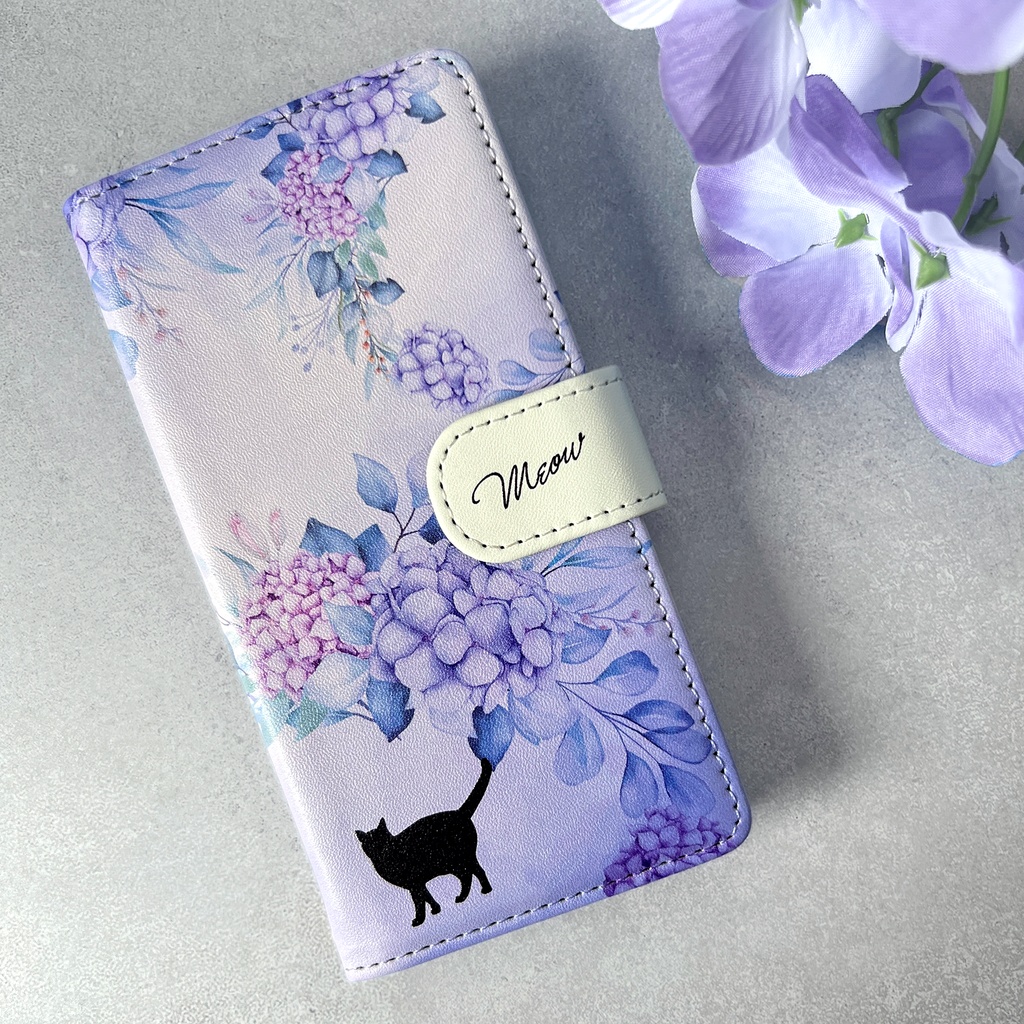 猫とアジサイの手帳型スマホケース 全機種対応 手帳型 スマホケース iPhone17e Air iphone16e iphone15 猫 黒猫 アジサイ 梅雨
