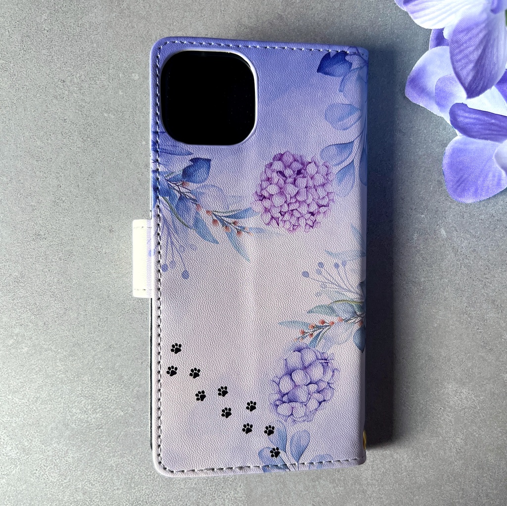 猫とアジサイの手帳型スマホケース 全機種対応 手帳型 スマホケース iPhone17e Air iphone16e iphone15 猫 黒猫 アジサイ 梅雨