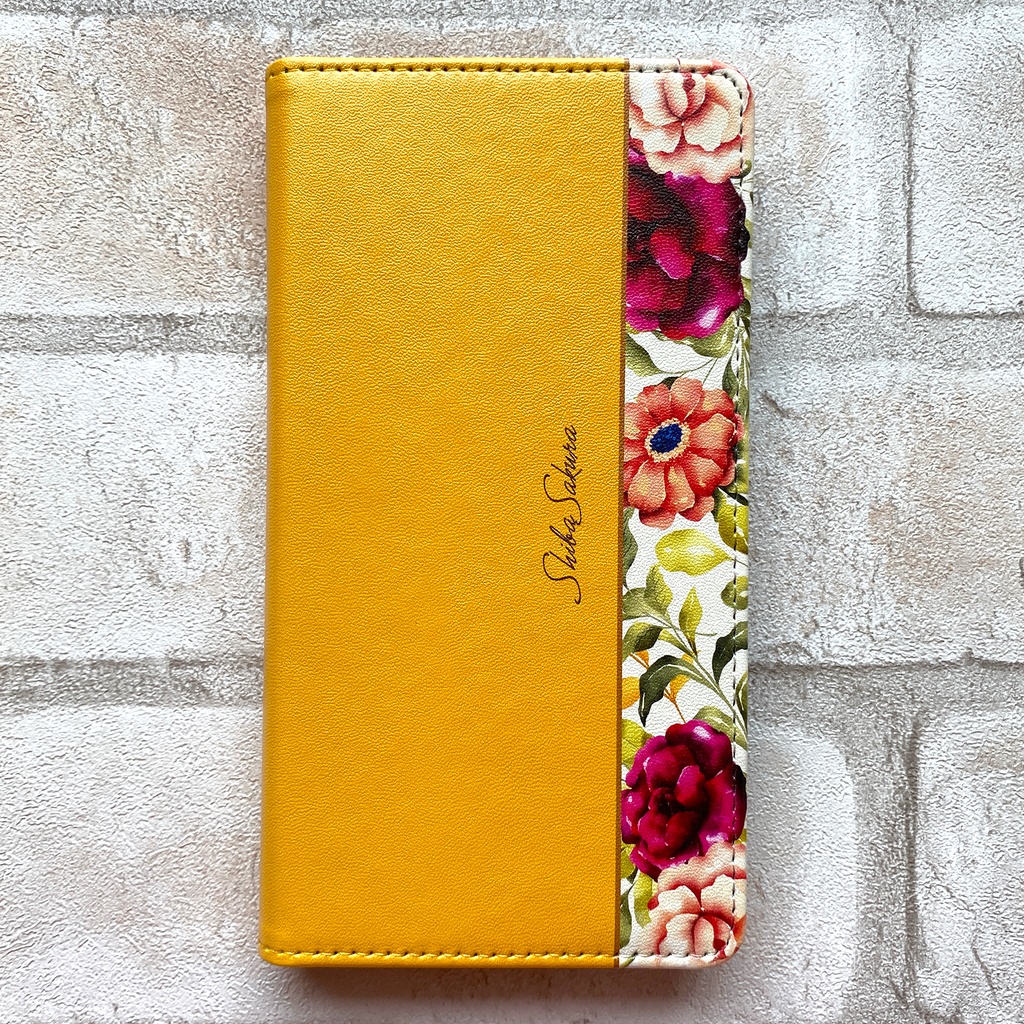 秋バラとコスモスの手帳型スマホケース(マスタード) 花 スマホケース iphone16e iphone14 iphone15 全機種対応 バラ コスモス