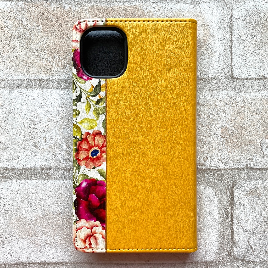 秋バラとコスモスの手帳型スマホケース(マスタード) 花 スマホケース iphone16e iphone14 iphone15 全機種対応 バラ コスモス