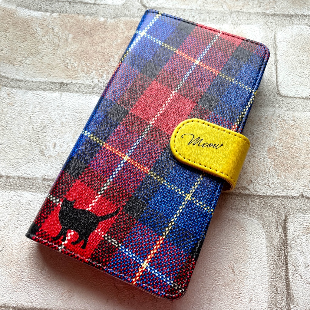 猫とカラフルタータンの手帳型スマホケース 全機種対応 手帳型 スマホケース iPhone17 Air iphone15 iphone16e iphone14 猫 黒猫