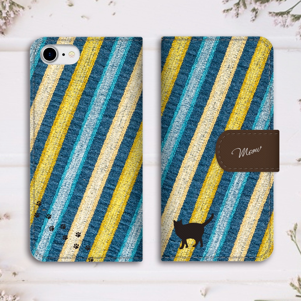 猫とストライプの手帳型スマホケース(ブルー×ブラウン)