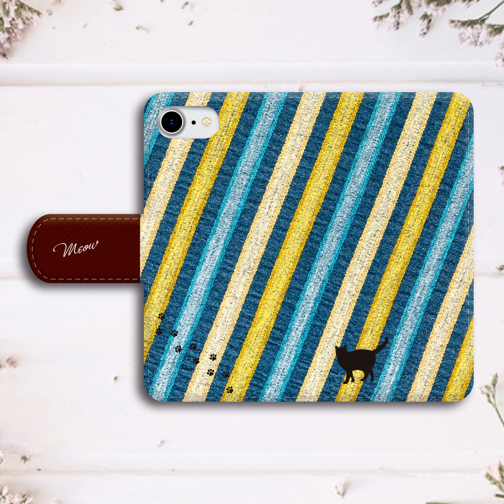 猫とストライプの手帳型スマホケース(ブルー×ブラウン)