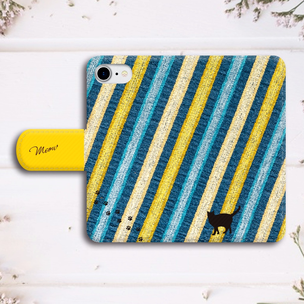 猫とストライプの手帳型スマホケース(ブルー×イエロー)