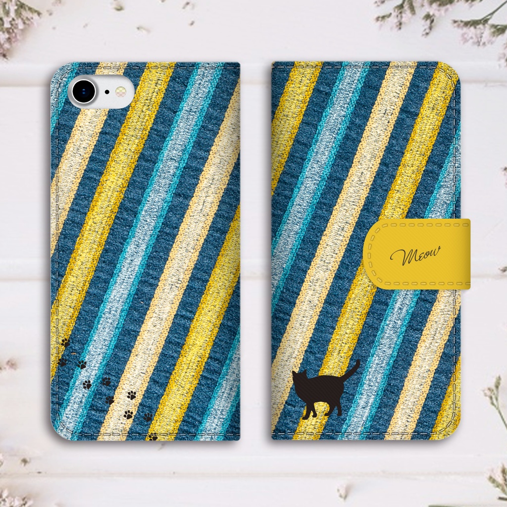 猫とストライプの手帳型スマホケース(ブルー×イエロー)