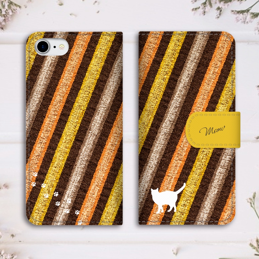 猫とストライプの手帳型スマホケース(オレンジ×イエロー)