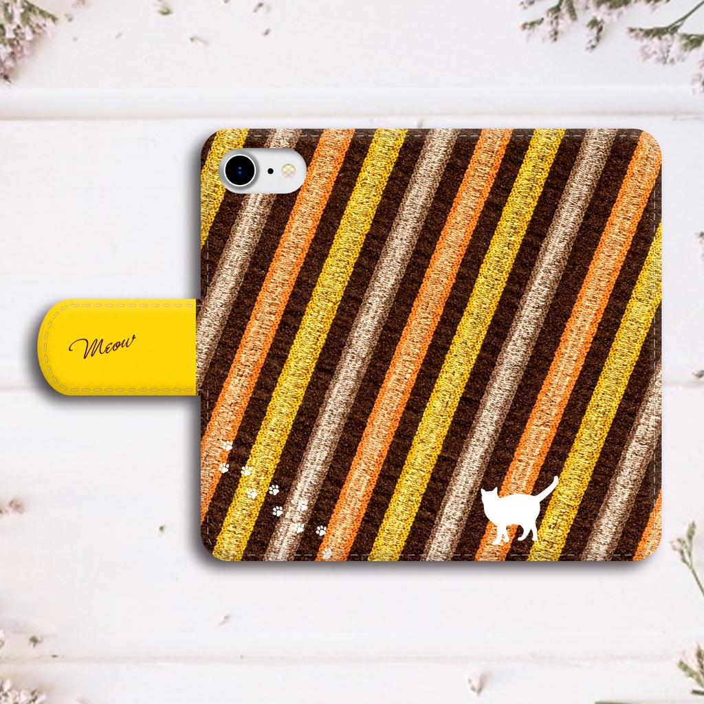 猫とストライプの手帳型スマホケース(オレンジ×イエロー)