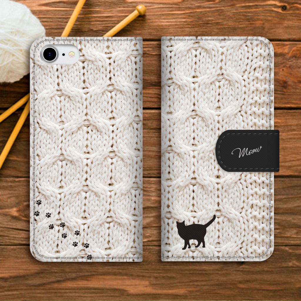 にゃんこニットの手帳型スマホケース(ホワイト×ブラック) 全機種対応 手帳型 スマホケース iphone15 iphone16e iphone14 iPhone17 Air 猫 黒猫