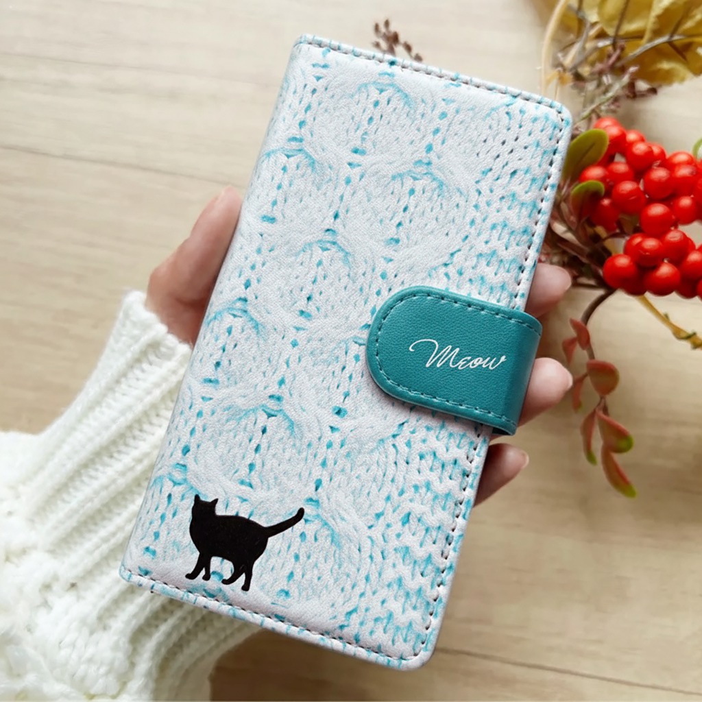 にゃんこニットの手帳型スマホケース（アイスブルー） 全機種対応 手帳型 スマホケース iphone15 iphone16e 猫 黒猫 iPhone17 Air iphone14