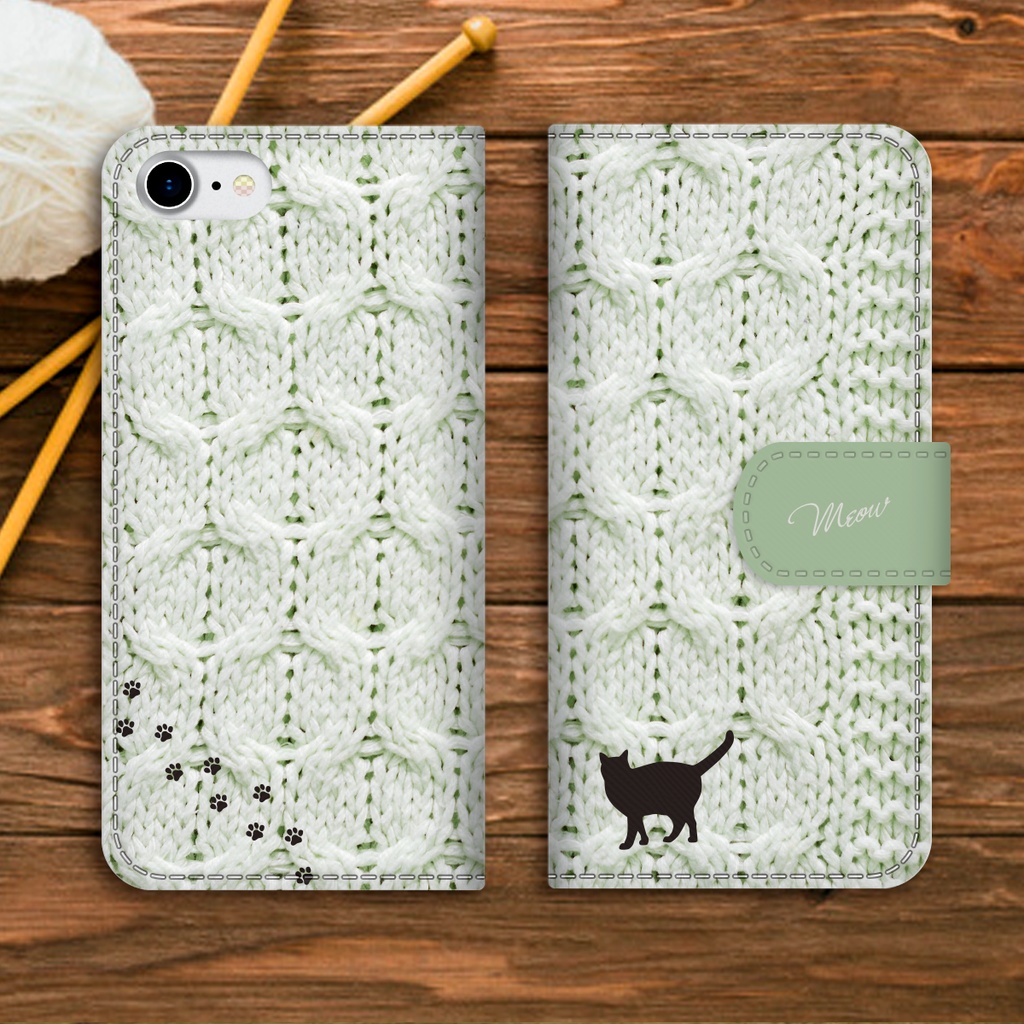 にゃんこニットの手帳型スマホケース(ミントグリーン) 全機種対応 手帳型 スマホケース iPhone17 Air iphone15 iphone16e 猫 黒猫 iphone14