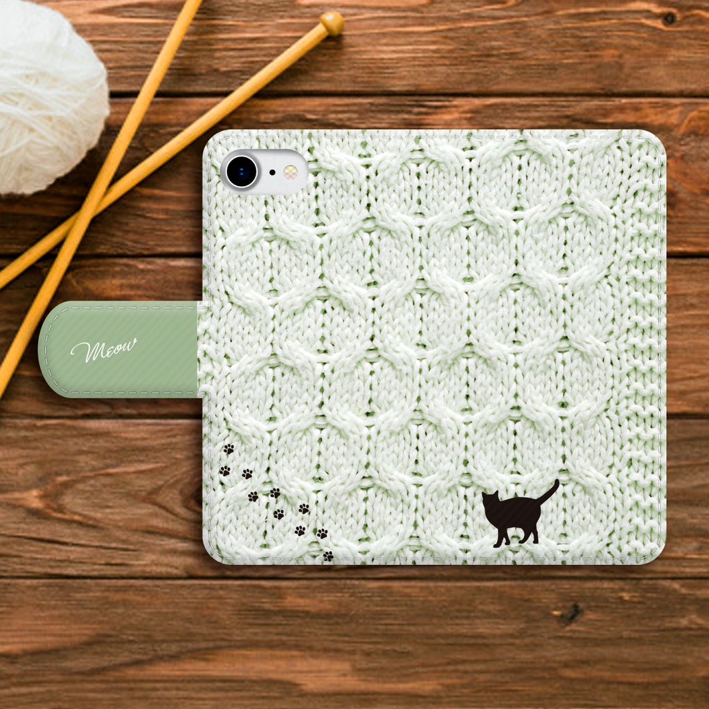 にゃんこニットの手帳型スマホケース(ミントグリーン) 全機種対応 手帳型 スマホケース iPhone17 Air iphone15 iphone16e 猫 黒猫 iphone14