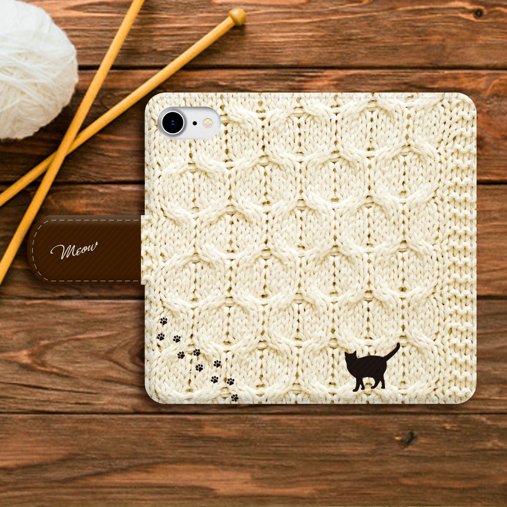 にゃんこニットの手帳型スマホケース(イエロー) 全機種対応 手帳型 スマホケース iPhone17 Air iphone15 iphone16e 猫 黒猫 iphone14