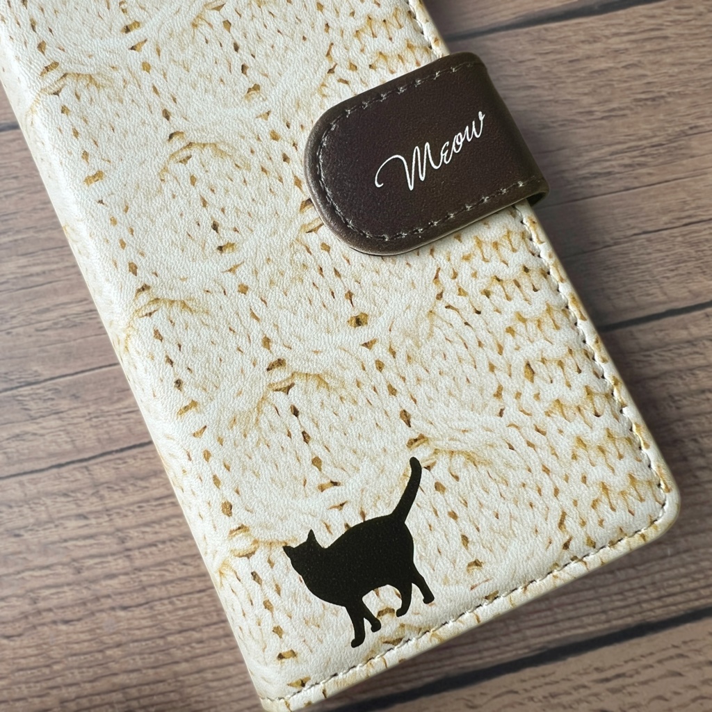 にゃんこニットの手帳型スマホケース(イエロー) 全機種対応 手帳型 スマホケース iPhone17 Air iphone15 iphone16e 猫 黒猫 iphone14