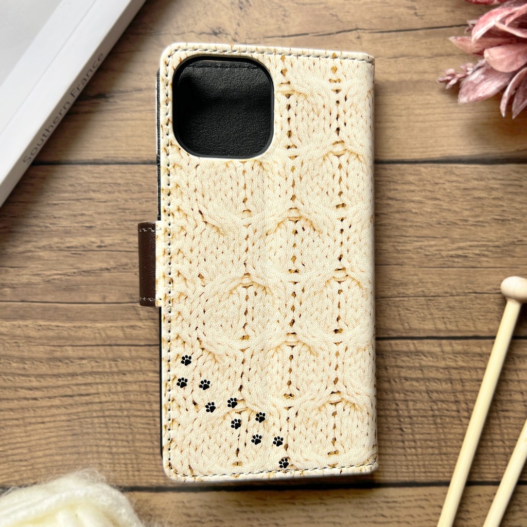 にゃんこニットの手帳型スマホケース(イエロー) 全機種対応 手帳型 スマホケース iPhone17 Air iphone15 iphone16e 猫 黒猫 iphone14