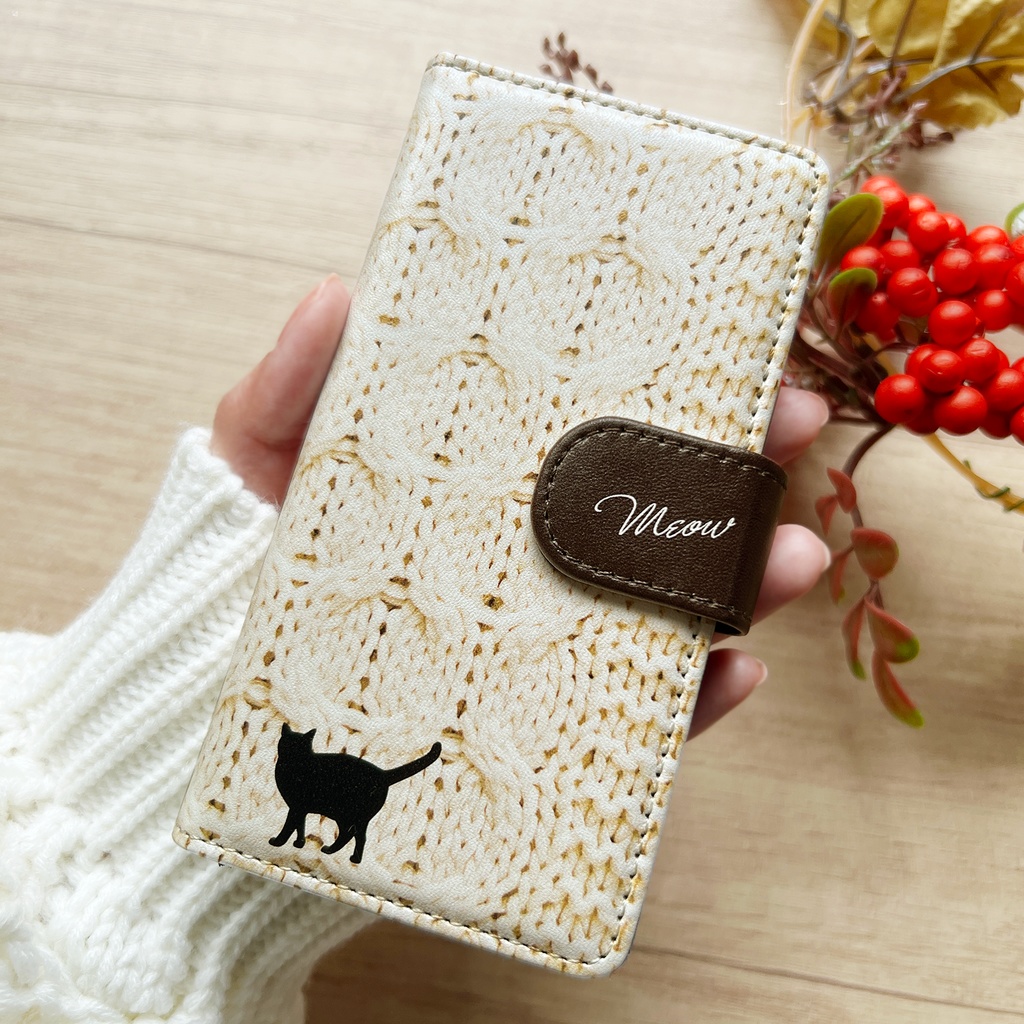 にゃんこニットの手帳型スマホケース(イエロー) 全機種対応 手帳型 スマホケース iPhone17 Air iphone15 iphone16e 猫 黒猫 iphone14