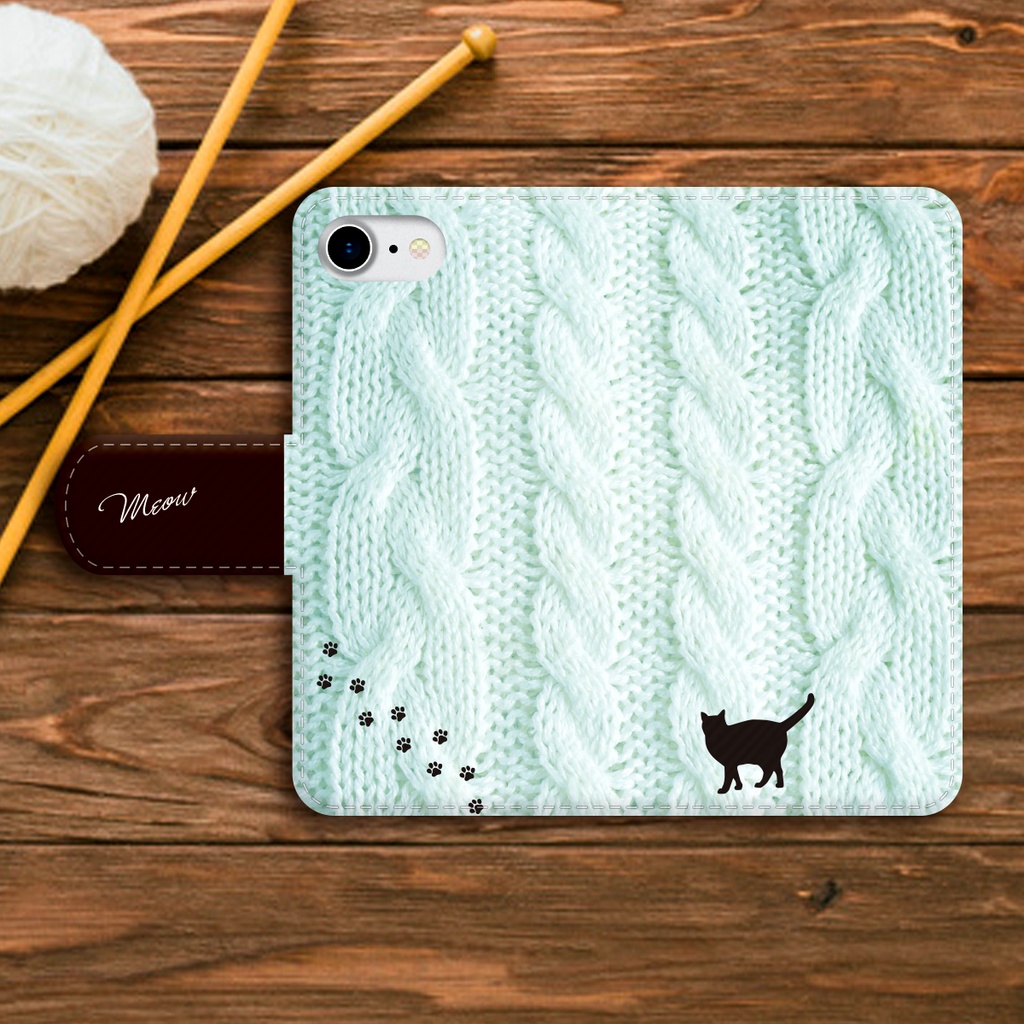 にゃんこアランニットの手帳型スマホケース(チョコミント) 全機種対応 手帳型 スマホケース iphone15 iphone16e 猫 黒猫 iPhone17 Air iphone14