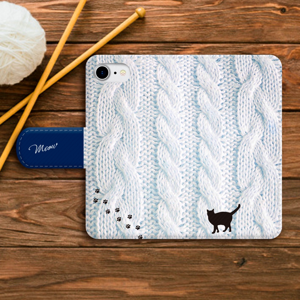 にゃんこアランニットの手帳型スマホケース(ブルー) 全機種対応 手帳型 スマホケース iphone15 iphone16e iphone14 iPhone17 Air 猫 黒猫