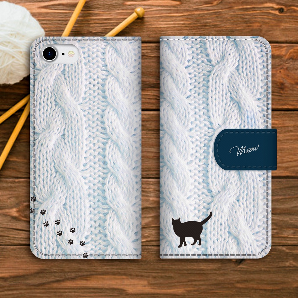 にゃんこアランニットの手帳型スマホケース(ブルー) 全機種対応 手帳型 スマホケース iphone15 iphone16e iphone14 iPhone17 Air 猫 黒猫