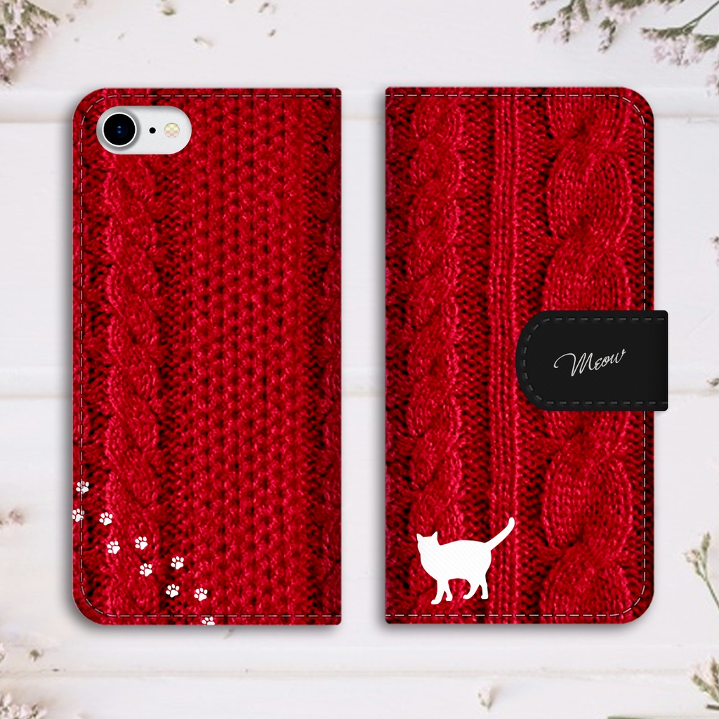 にゃんこニットの手帳型スマホケース(レッド) 全機種対応 手帳型 スマホケース iphone15 iphone16e iphone14 iPhone17 Air 猫