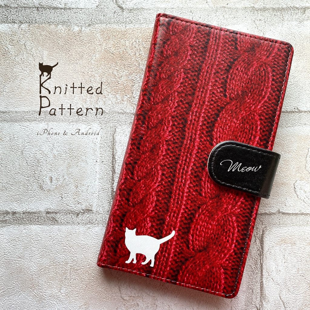 にゃんこニットの手帳型スマホケース(レッド) 全機種対応 手帳型 スマホケース iphone15 iphone16e iphone14 iPhone17 Air 猫