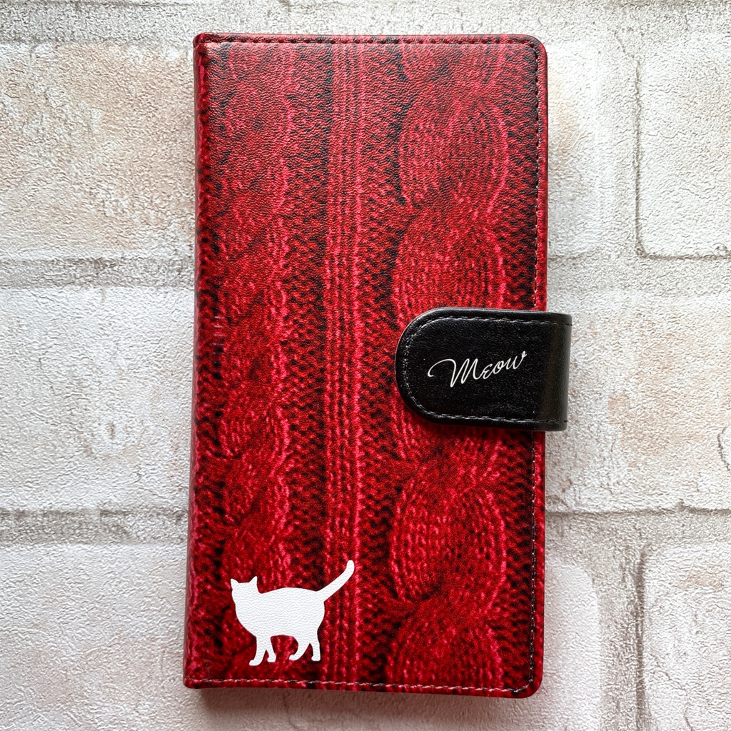 にゃんこニットの手帳型スマホケース(レッド) 全機種対応 手帳型 スマホケース iphone15 iphone16e iphone14 iPhone17 Air 猫
