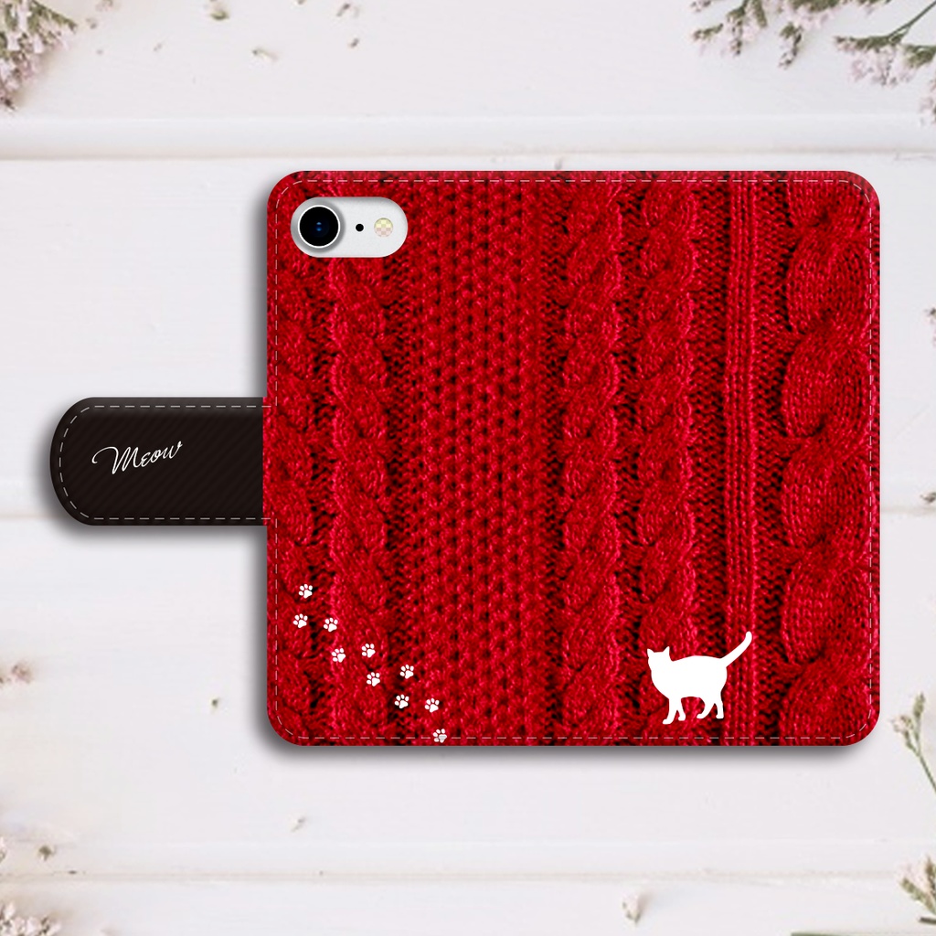 にゃんこニットの手帳型スマホケース(レッド) 全機種対応 手帳型 スマホケース iphone15 iphone16e iphone14 iPhone17 Air 猫
