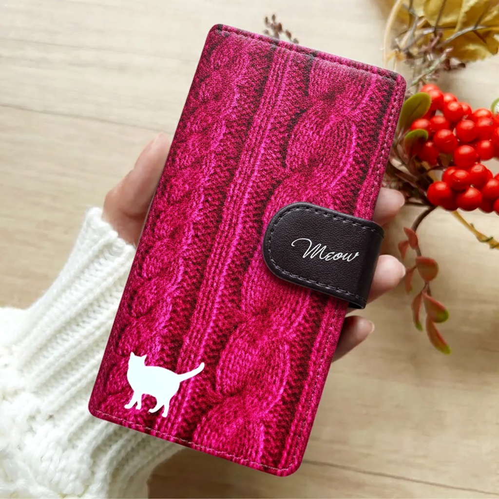 にゃんこニットの手帳型スマホケース(マゼンタ) 全機種対応 手帳型 スマホケース iphone15 iphone16e iphone14 iPhone17 Air 猫