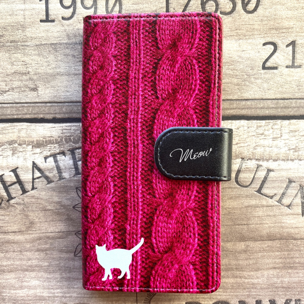 にゃんこニットの手帳型スマホケース(マゼンタ) 全機種対応 手帳型 スマホケース iphone15 iphone16e iphone14 iPhone17 Air 猫
