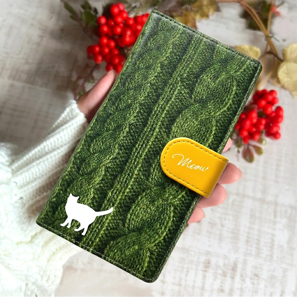 にゃんこニットの手帳型スマホケース（オリーブ） 全機種対応 手帳型 スマホケース iphone15 iphone16e iphone14 iPhone17 Air 猫