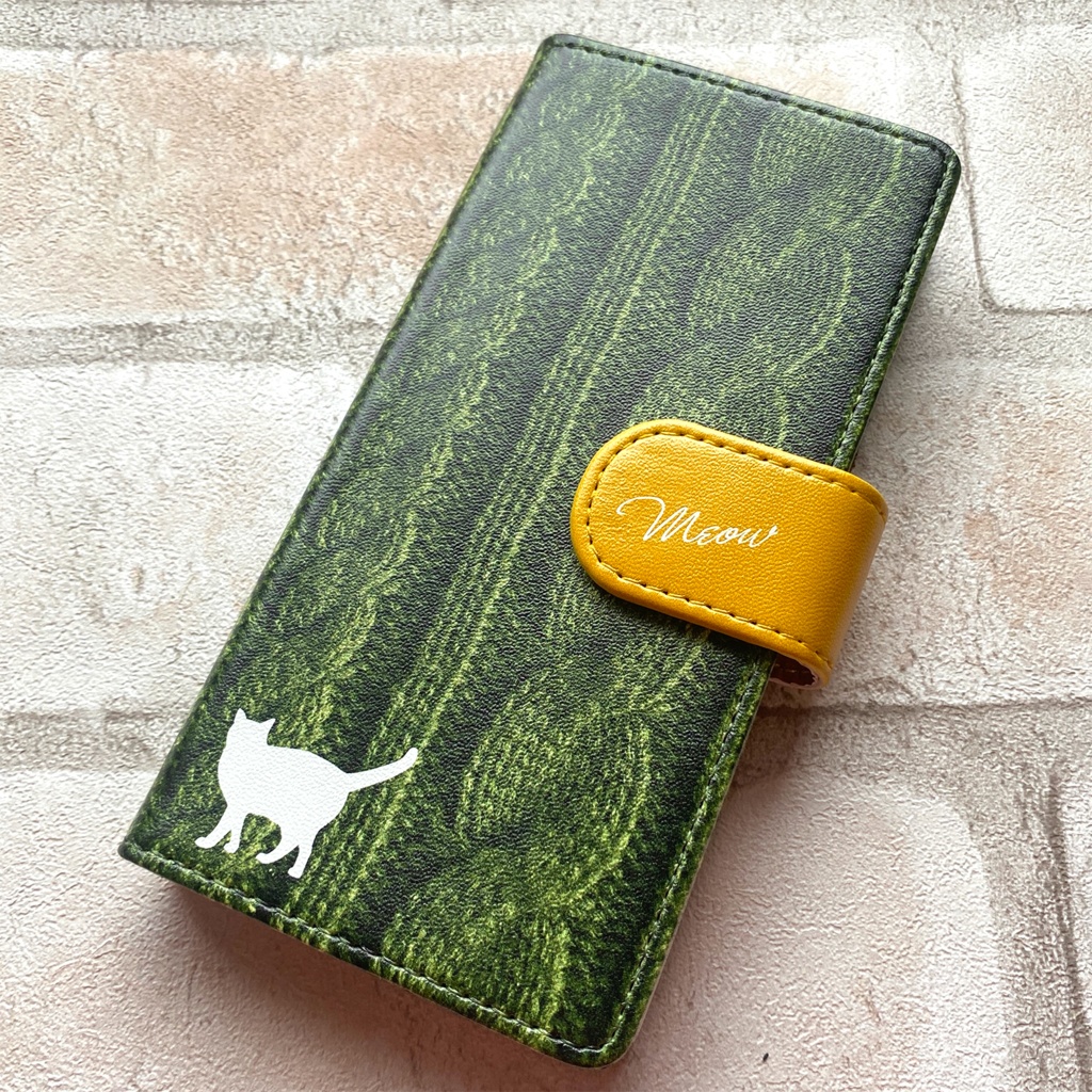 にゃんこニットの手帳型スマホケース(オリーブ) 全機種対応 手帳型 スマホケース iphone15 iphone16e iphone14 iPhone17 Air 猫