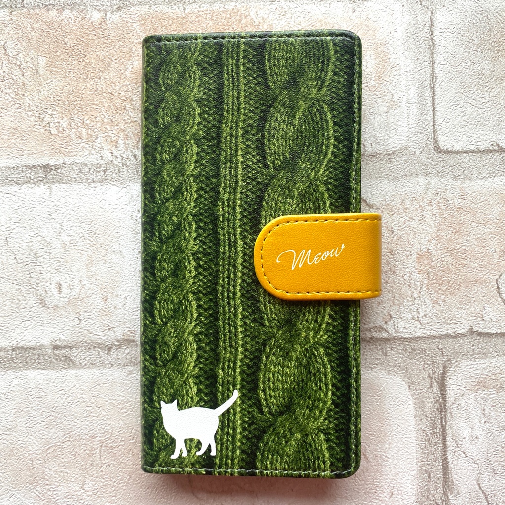 にゃんこニットの手帳型スマホケース(オリーブ) 全機種対応 手帳型 スマホケース iphone15 iphone16e iphone14 iPhone17 Air 猫