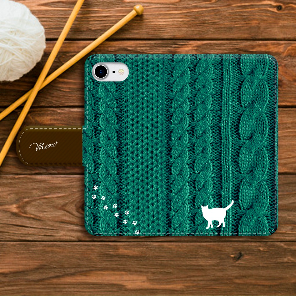 にゃんこニットの手帳型スマホケース(アップルグリーン) 全機種対応 手帳型 スマホケース iphone15 iphone16e iphone14 猫