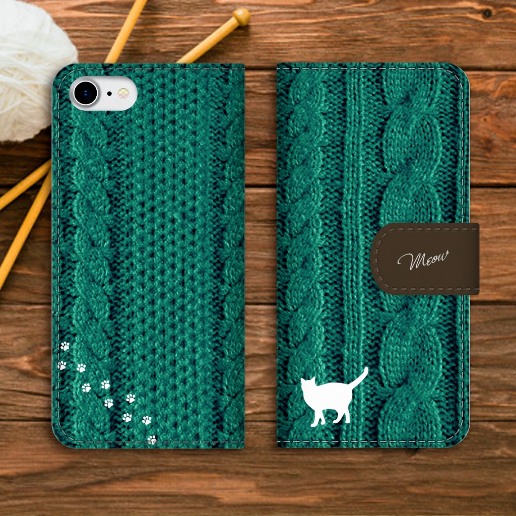 にゃんこニットの手帳型スマホケース(アップルグリーン) 全機種対応 手帳型 スマホケース iphone15 iphone16e iphone14 猫