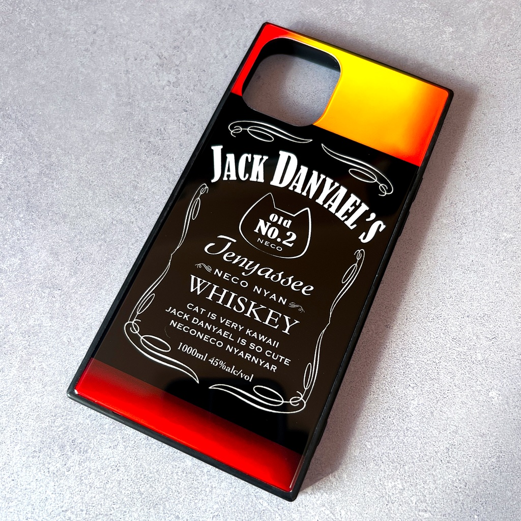 ウイスキーにゃんこのガラススマホケース（ジャックダニャエル） メンズ 猫 iphone15 iphone17 iphone16e SE3 XR 他