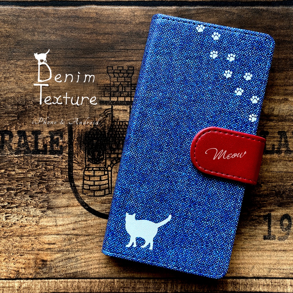 にゃんこデニムの手帳型スマホケース（ブルー×赤） 全機種対応 手帳型 スマホケース iphone15 iphone13 iphone14 猫