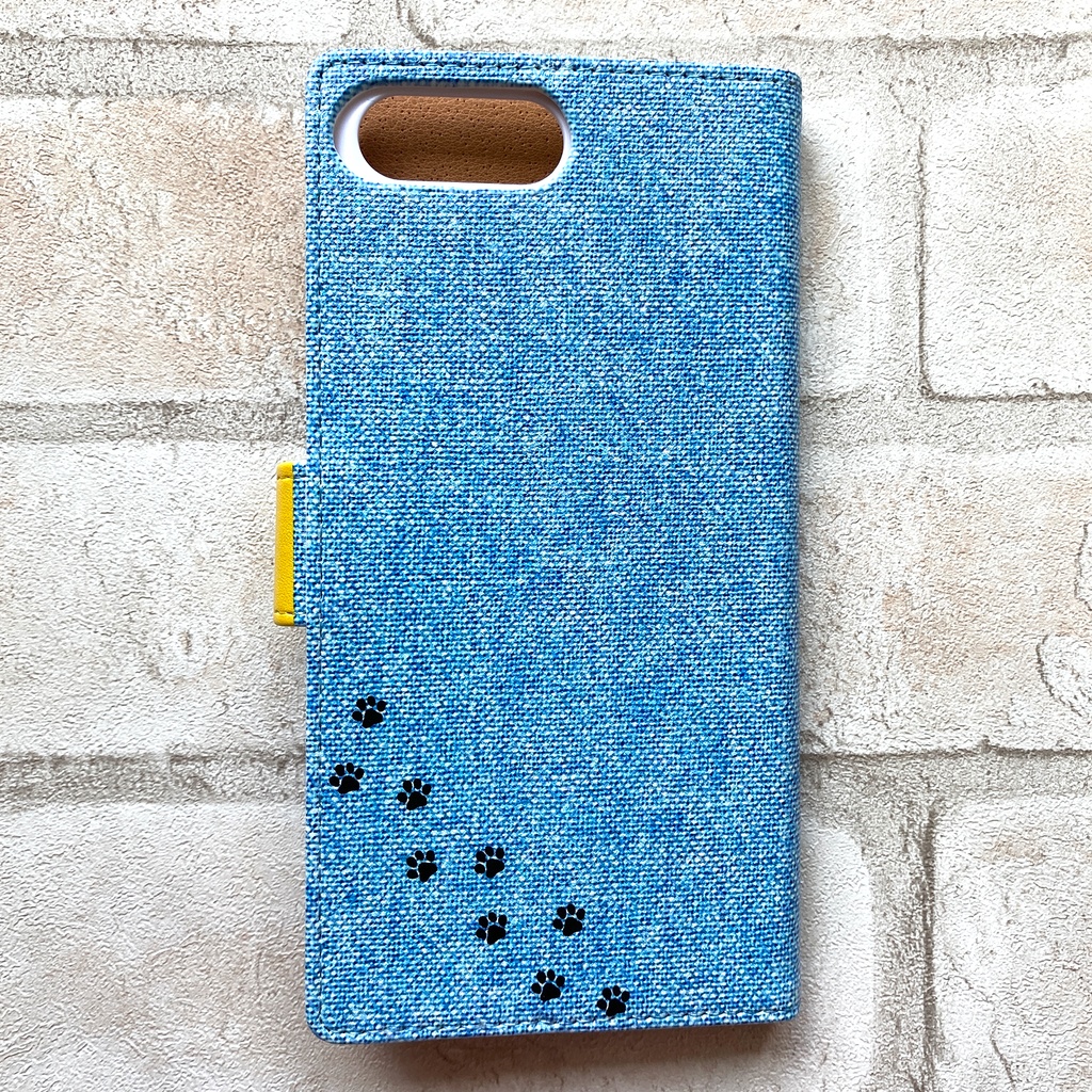 にゃんこデニムの手帳型スマホケース(ライトブルー×黄) 全機種対応 手帳型 スマホケース iphone15 iphone16e iphone14 iPhone17 Air 猫