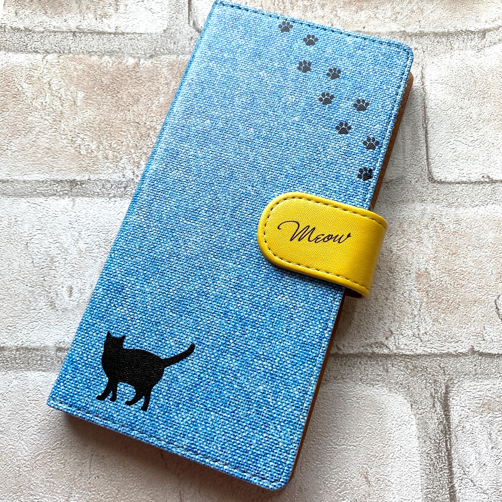 にゃんこデニムの手帳型スマホケース(ライトブルー×黄) 全機種対応 手帳型 スマホケース iphone15 iphone16e iphone14 iPhone17 Air 猫