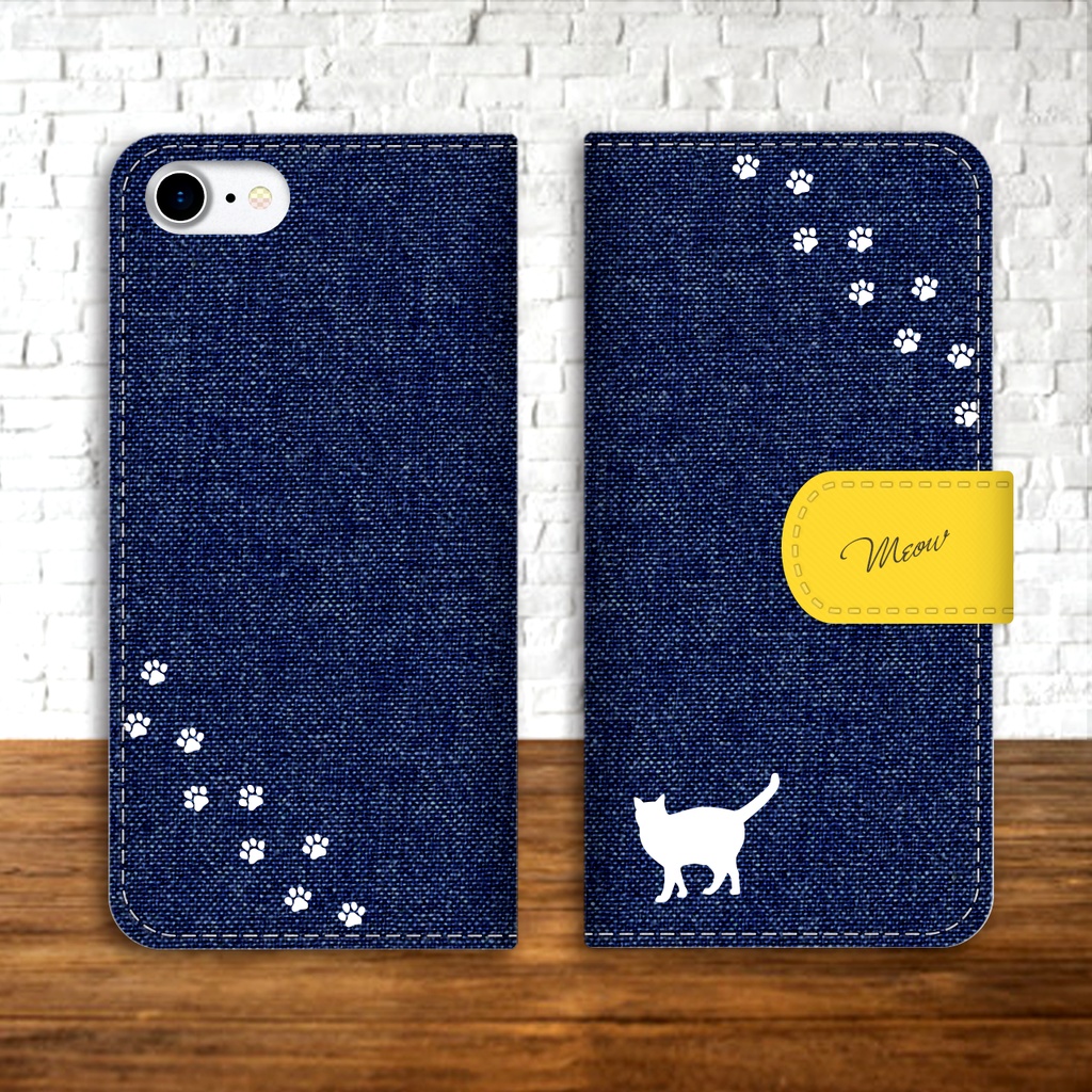 にゃんこデニムの手帳型スマホケース(インディゴ×黄) 全機種対応 手帳型 スマホケース iphone15 iphone16e iphone14 iPhone17 Air 猫