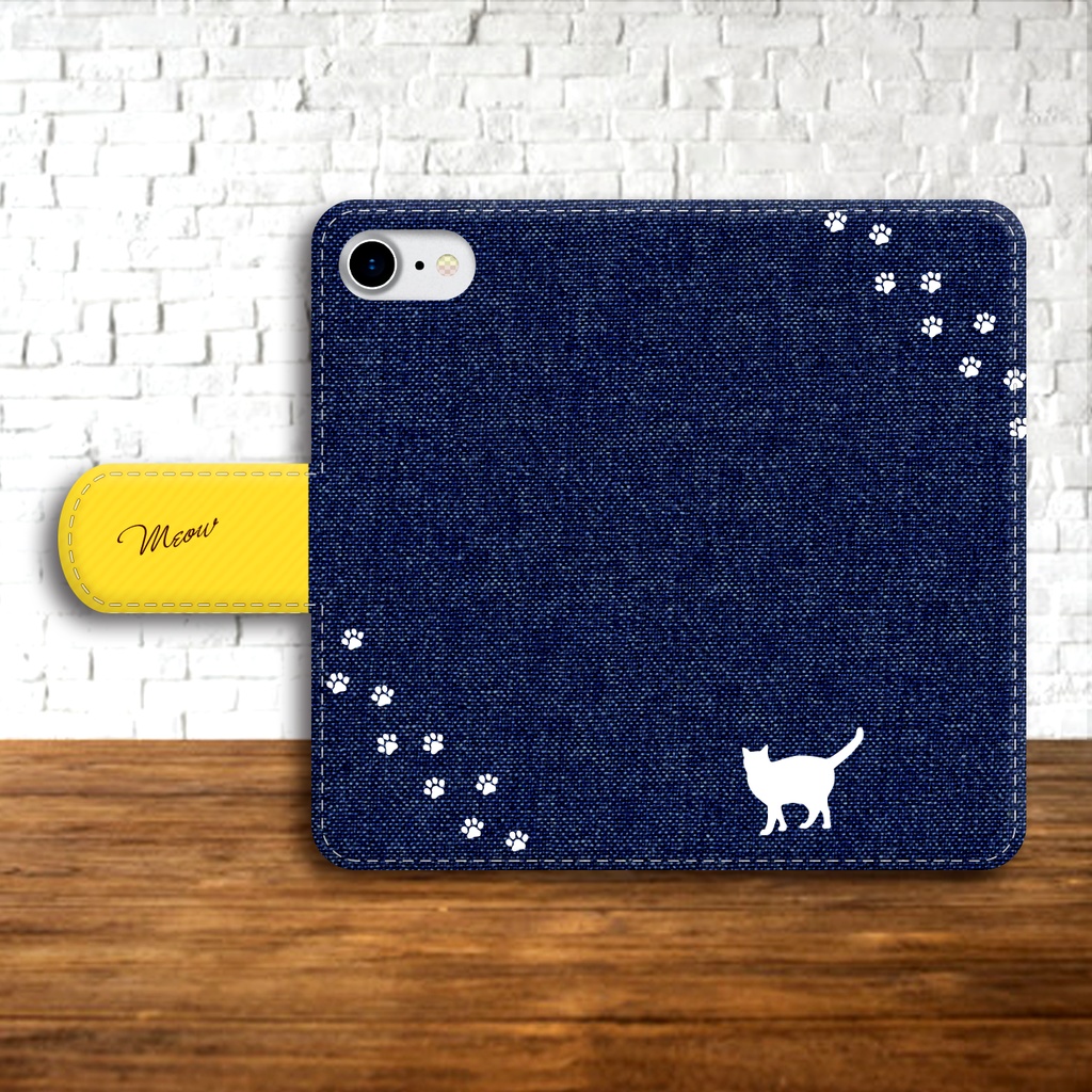 にゃんこデニムの手帳型スマホケース(インディゴ×黄) 全機種対応 手帳型 スマホケース iphone15 iphone16e iphone14 iPhone17 Air 猫