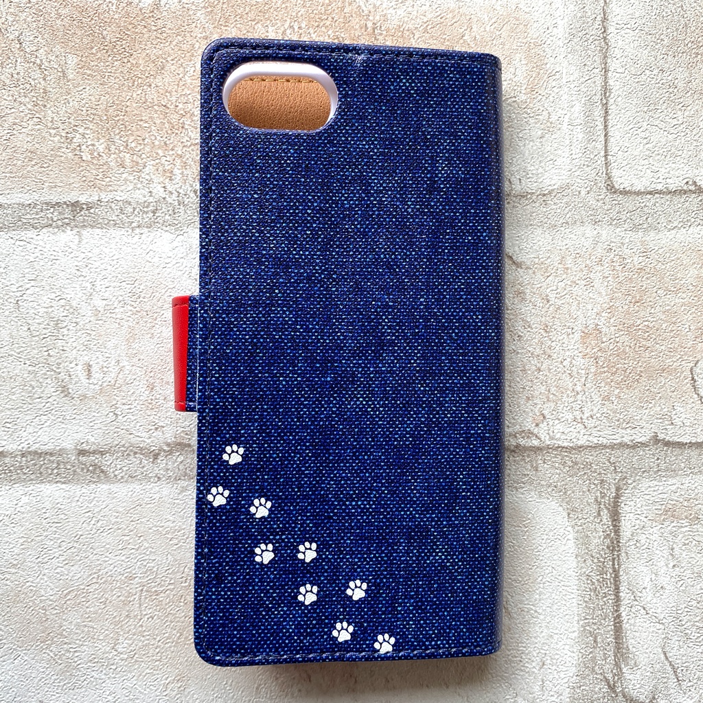 にゃんこデニムの手帳型スマホケース(インディゴ×赤) 全機種対応 手帳型 スマホケース iphone15 iphone16e iphone14 iPhone17 Air 猫