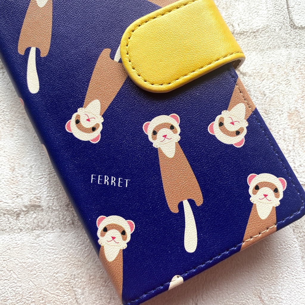にょろにょろフェレットの手帳型ケース(ネイビー) フェレット 手帳型 スマホケース ネイビー 全機種対応 iPhone17 Air iphone15 iphone16e iphone14