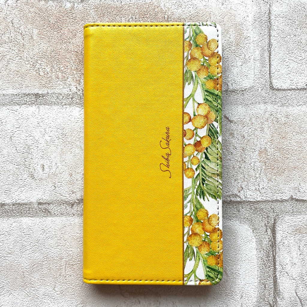 ミモザの手帳型スマホケース(イエロー) 花 スマホケース iPhone17 Air iphone16e iphone14 iphone15 全機種対応 ミモザ