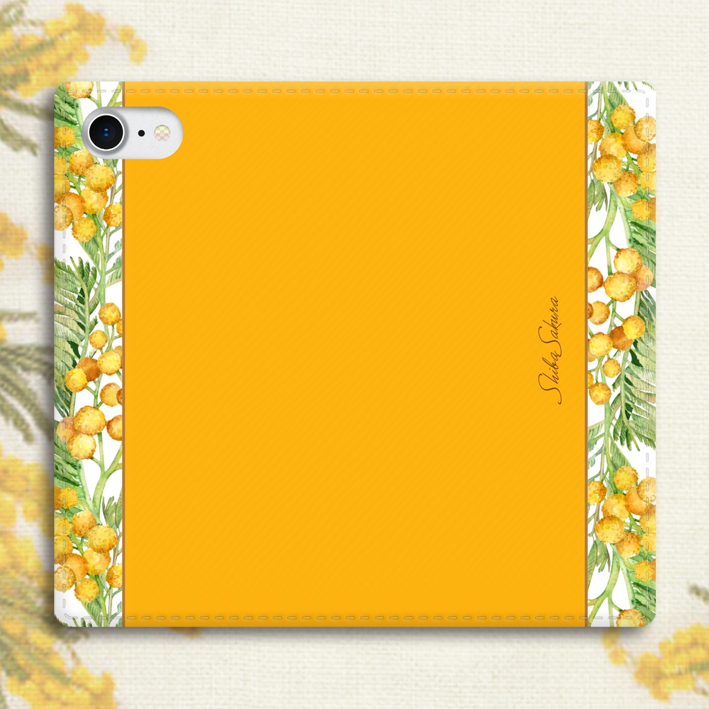 ミモザの手帳型スマホケース(ウォームオレンジ) 花 スマホケース iphone16e iphone14 iphone15 全機種対応 ミモザ