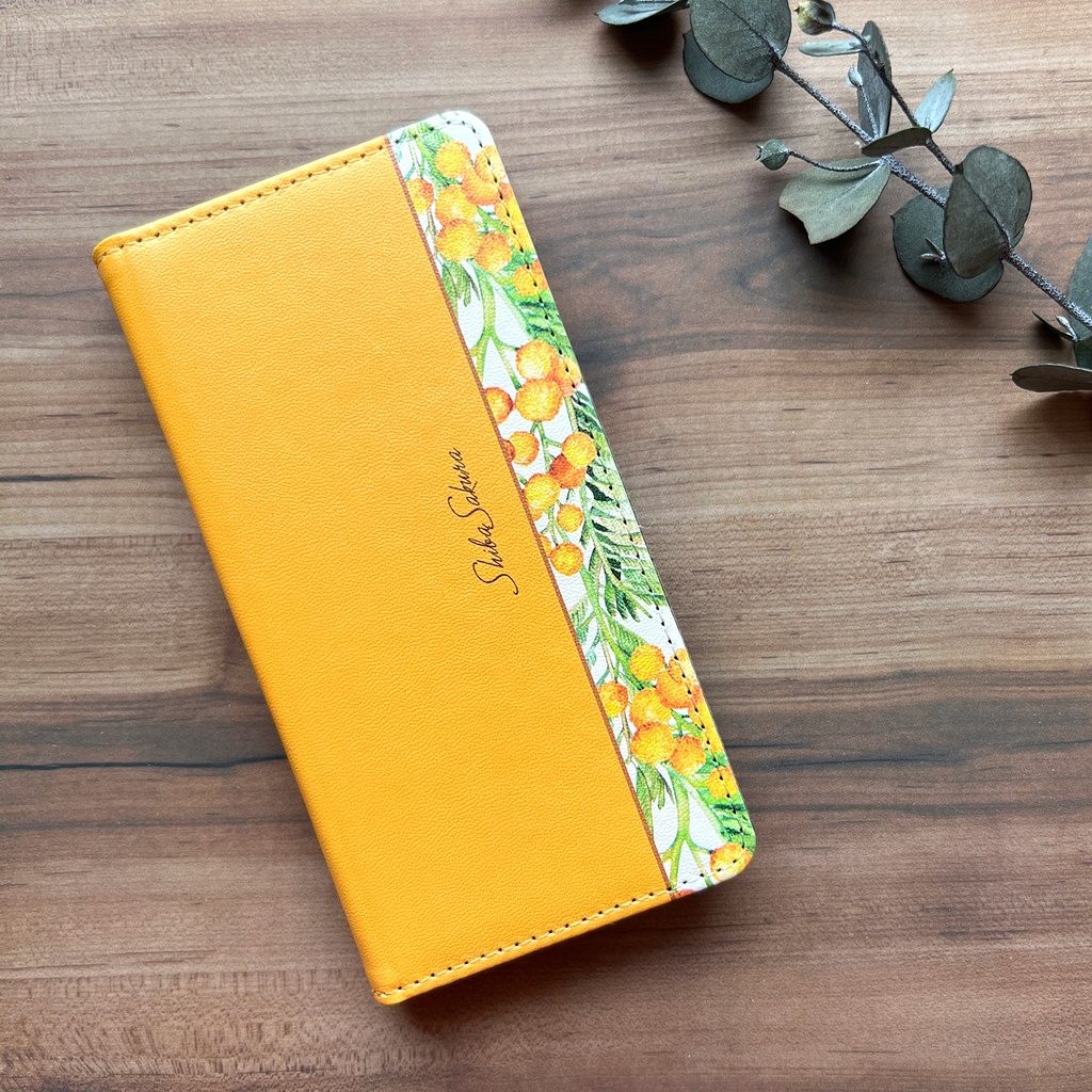 ミモザの手帳型スマホケース(ウォームオレンジ) 花 スマホケース iphone16e iphone14 iphone15 全機種対応 ミモザ